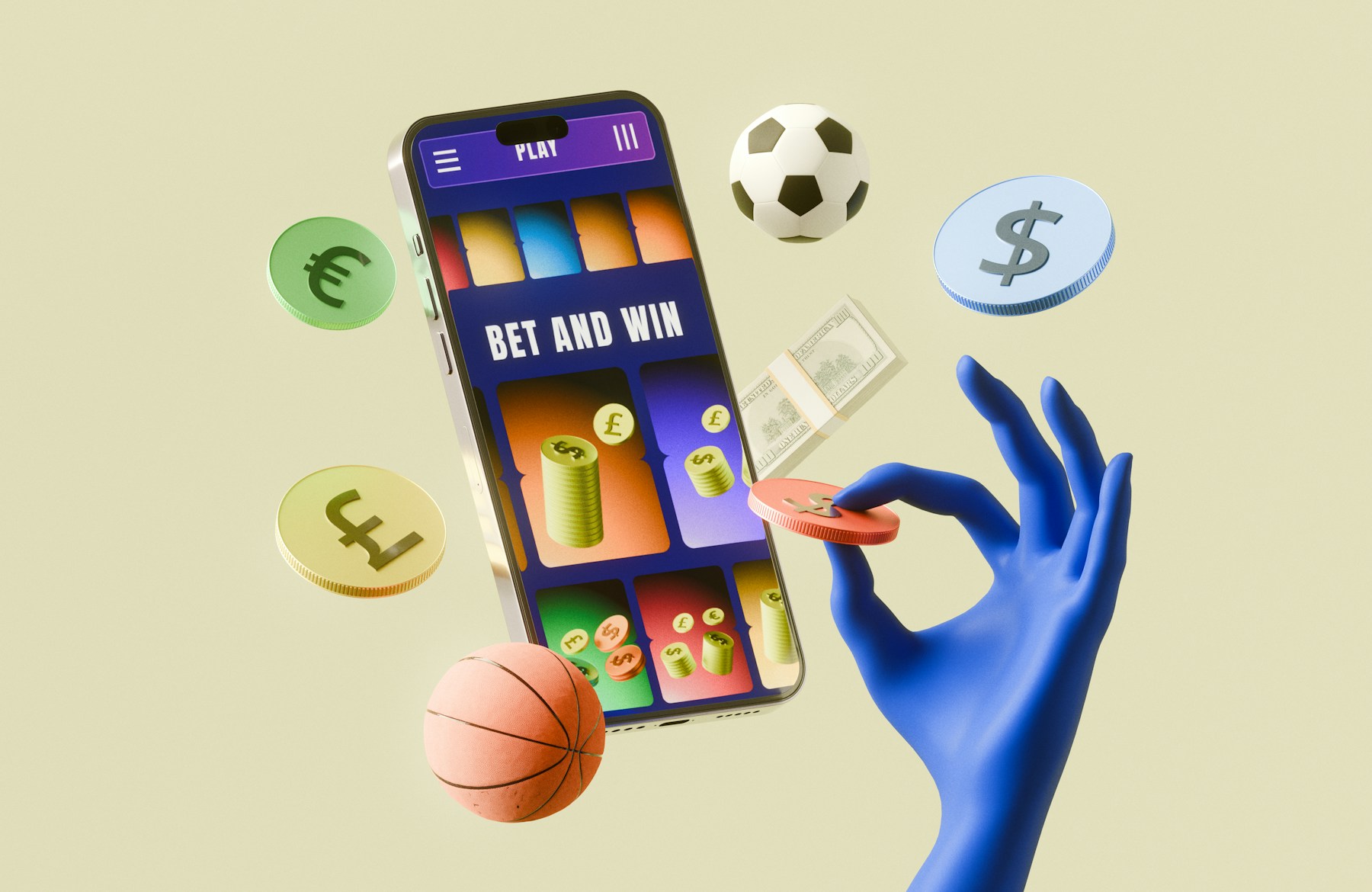 Ilustración de un teléfono con apuestas, dinero y elementos deportivos